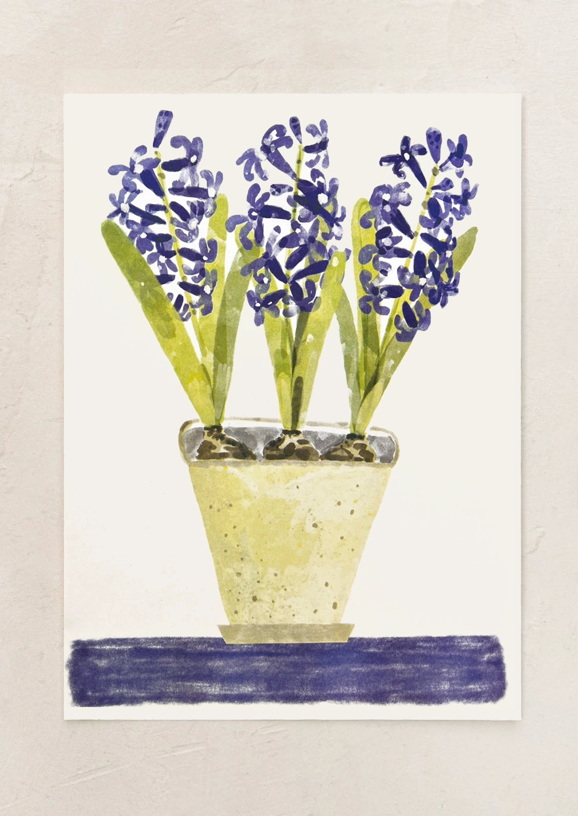 A risograph art print of hyacinth flowers in a pot.