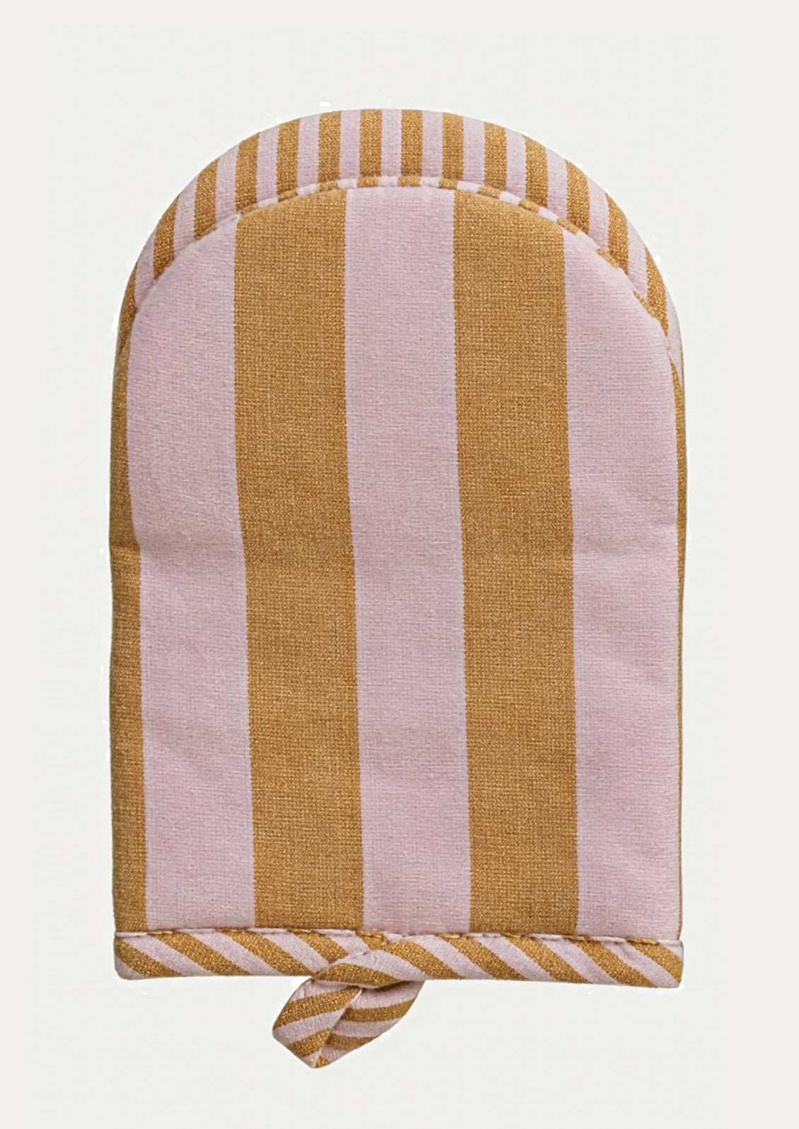 Striped oven mitt with pink and mustard yellow pattern on a white background