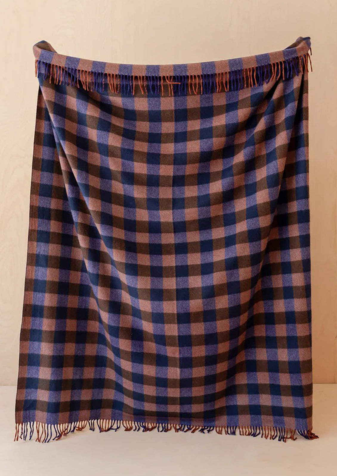 Plaid blanket with blue and brown check pattern.