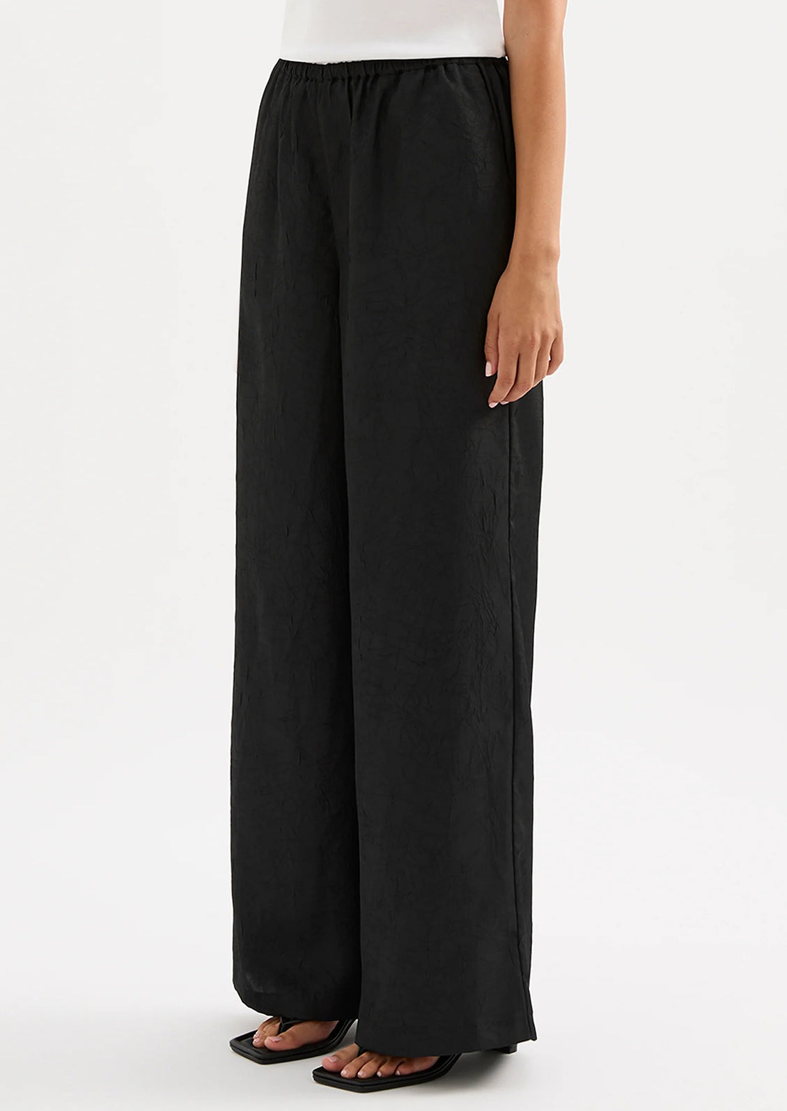 Person wearing black wide-leg pants on a white background