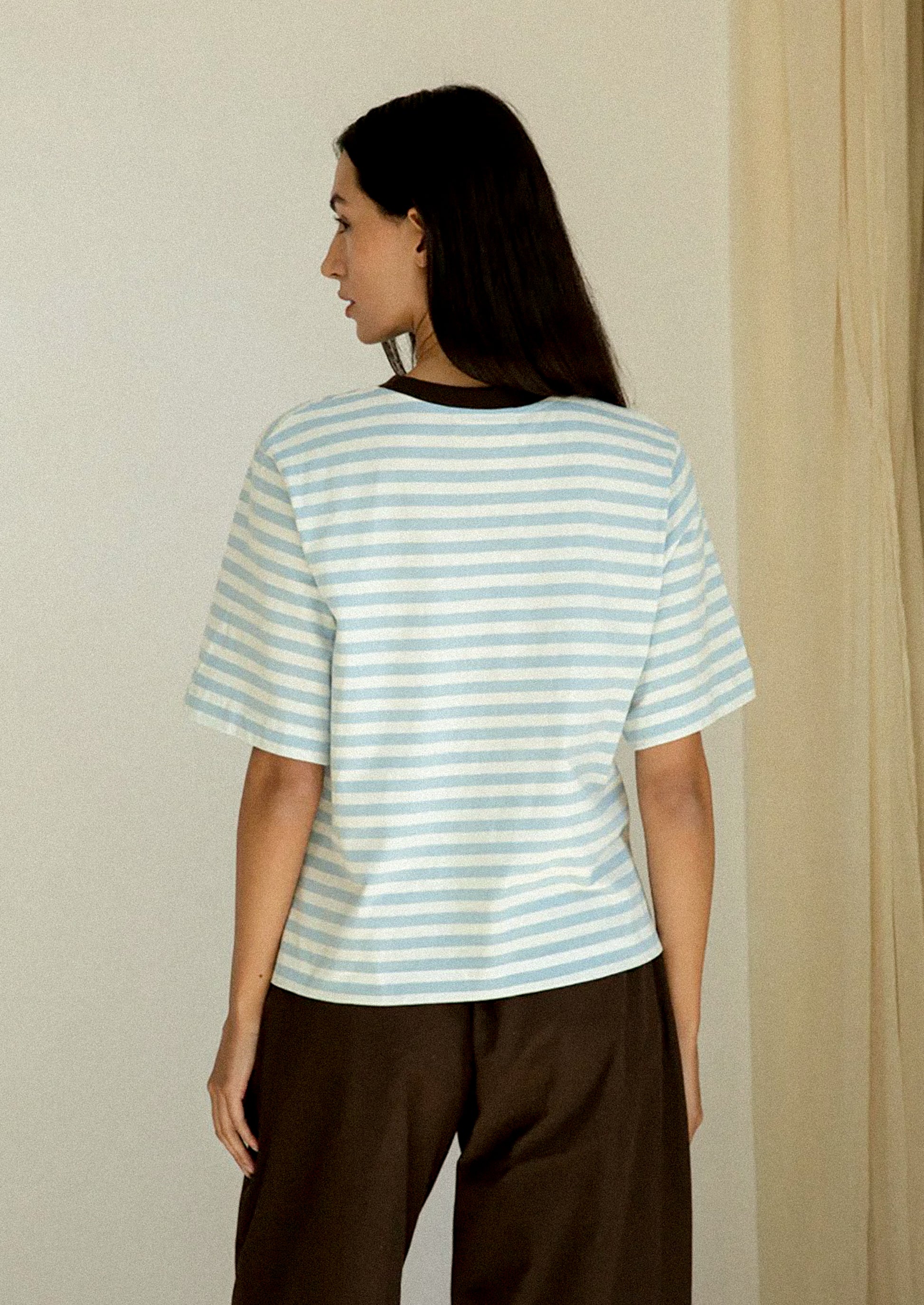 Striped shirt with brown and white horizontal stripes and red contrast collar.