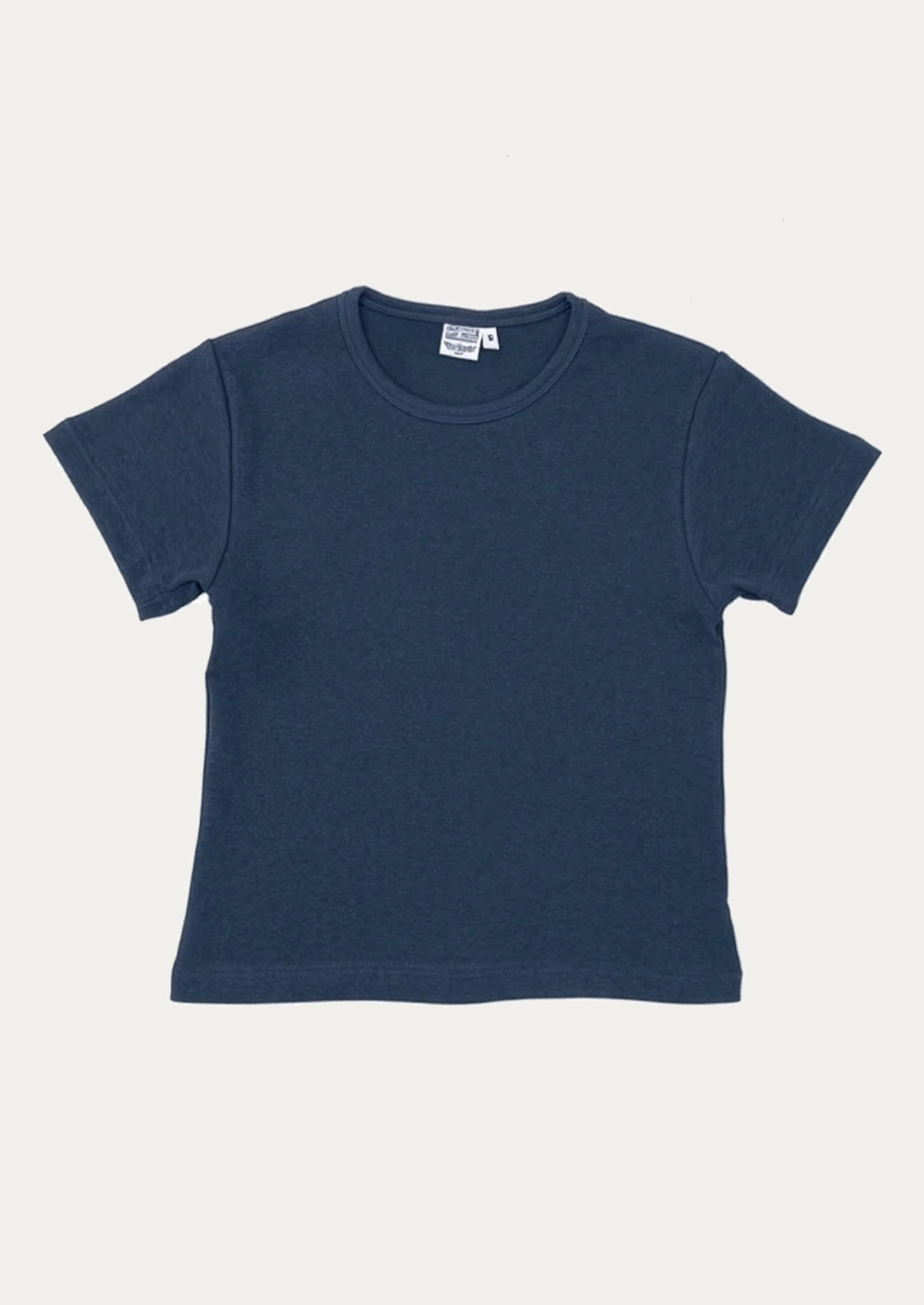A dark navy blue short-sleeve crewneck t-shirt laid flat against a light off-white background.