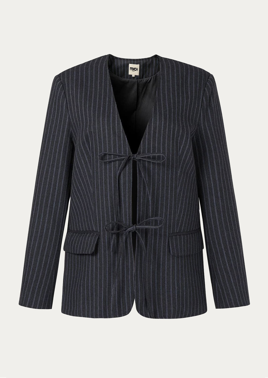 Pinstripe blazer on a light gray background