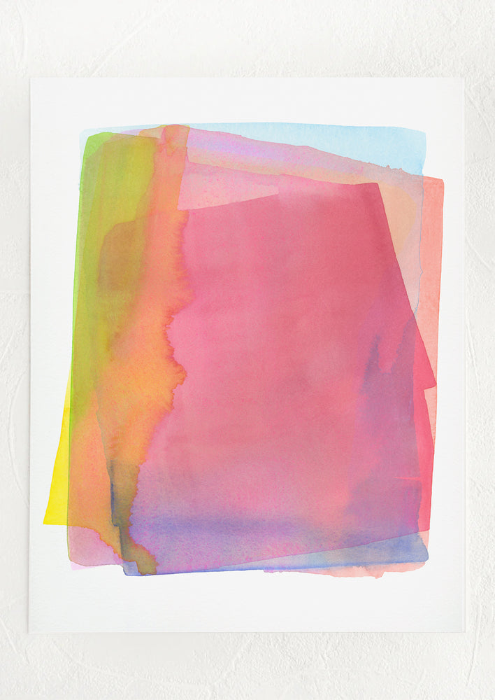 An abstract watercolor art print featuring layered colorform in bright tones of pink, blue, orange and green.