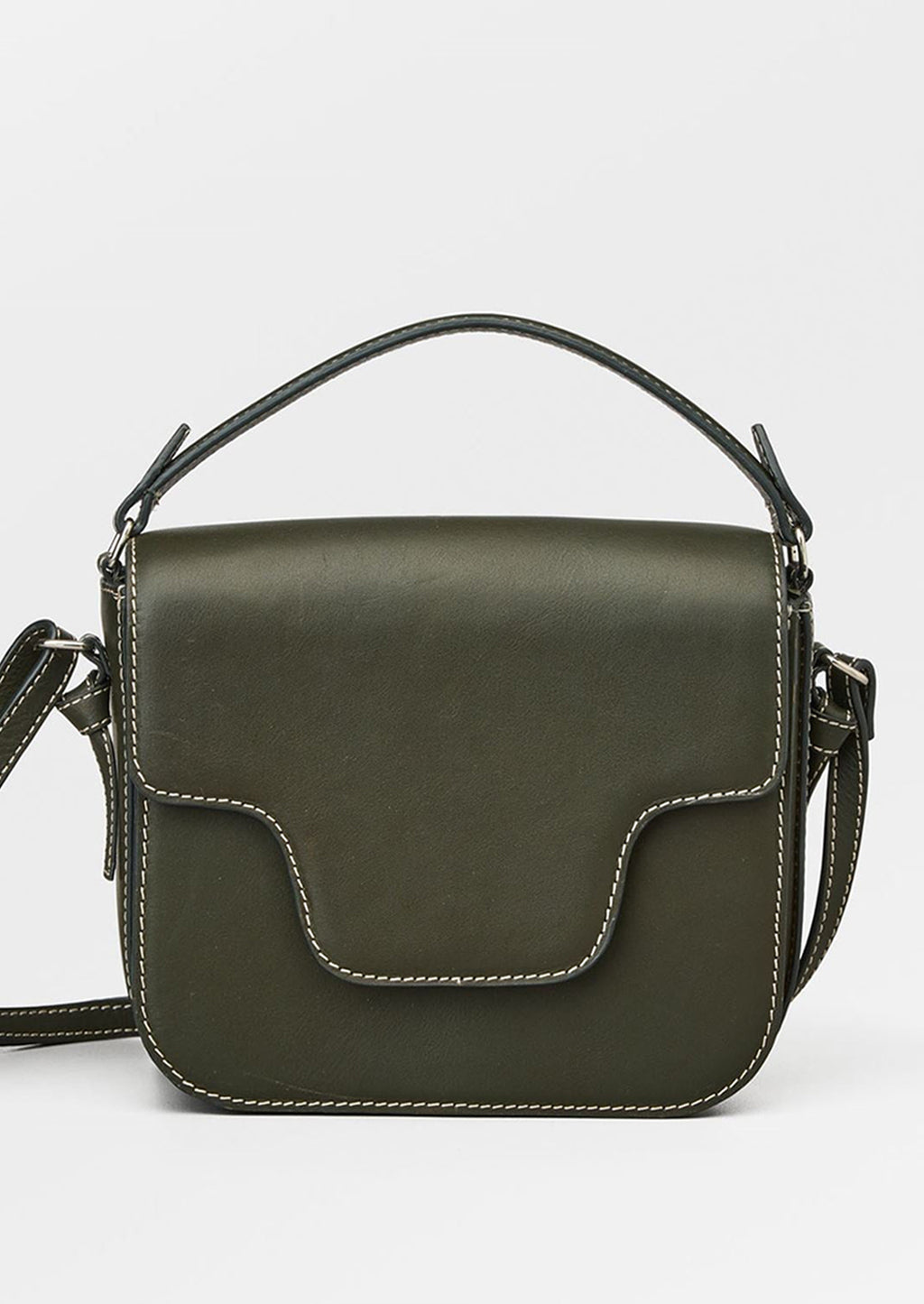 Khaki: A leather handbag in khaki green with white contrast stitching and flap front design.