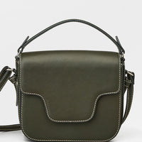 Khaki: A leather handbag in khaki green with white contrast stitching and flap front design.