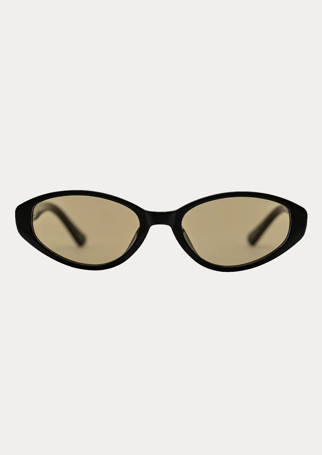 A pair of cat eye sunglasses with a black frame and olive lenses.
