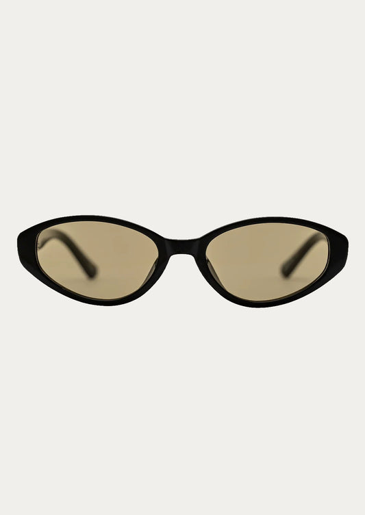A pair of cat eye sunglasses with a black frame and olive lenses.