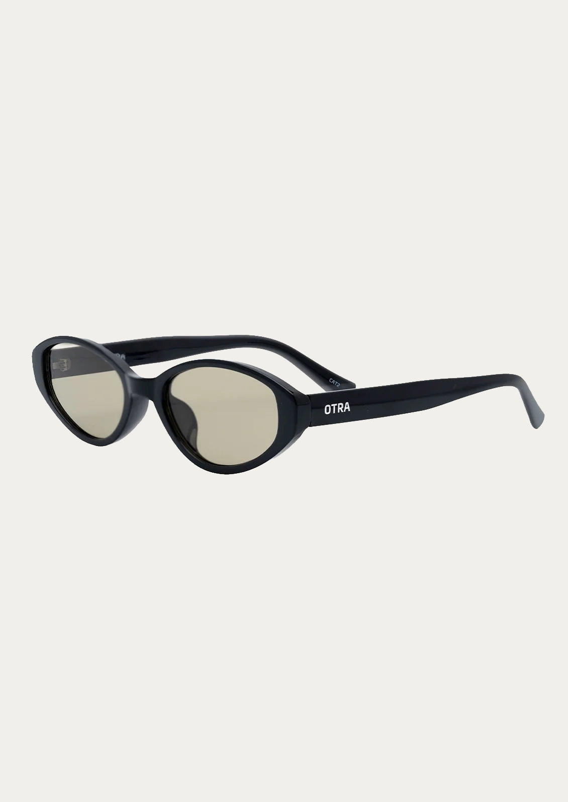 A pair of cat eye sunglasses with a black frame and olive lenses.