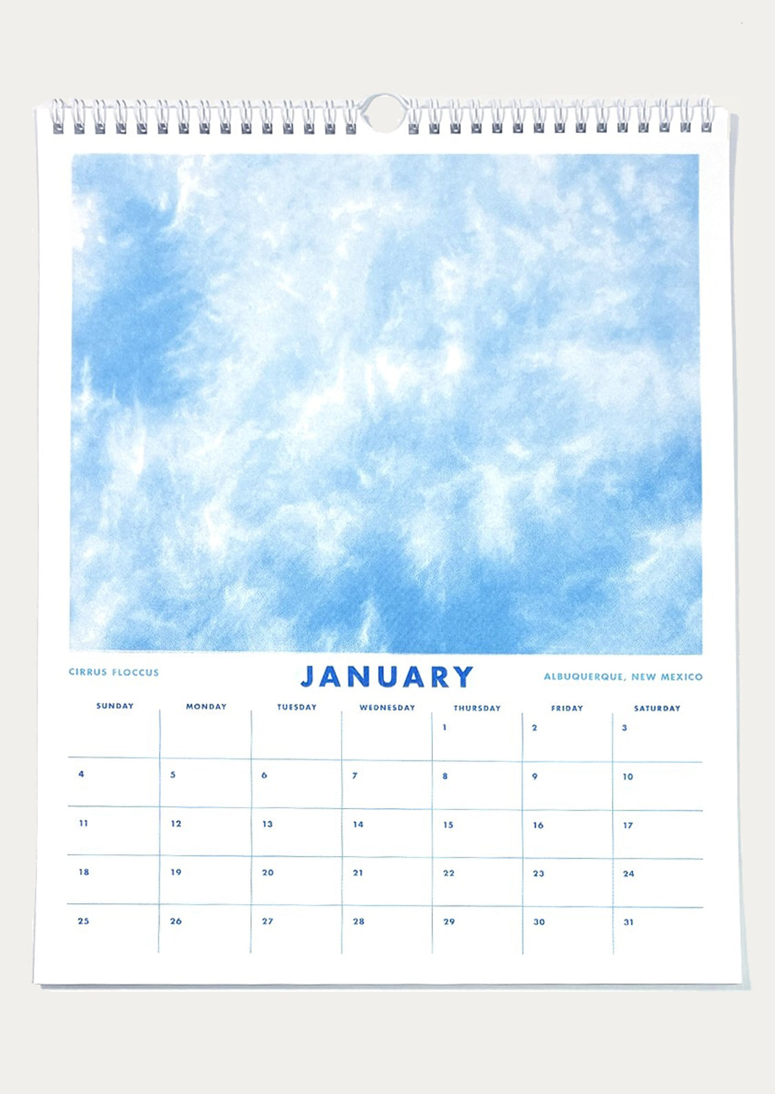 Calendar for January with a blue cloud design on a white background