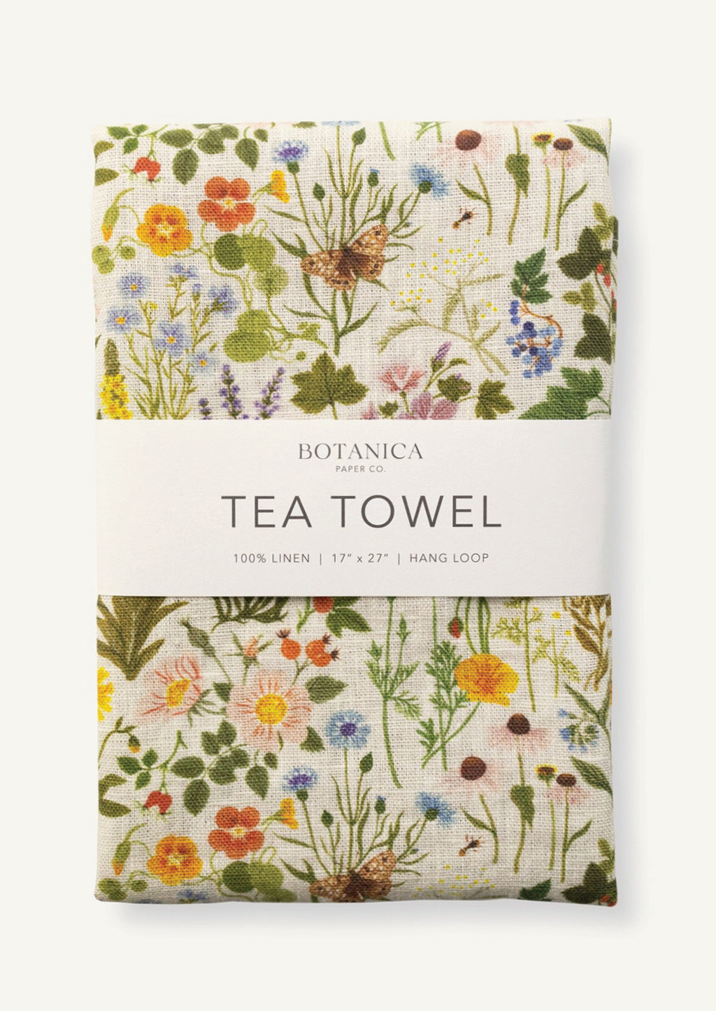 1: A linen tea towel with multicolor floral/botanical print.