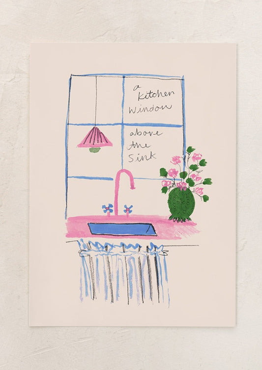 Illustration of a kitchen window above a sink with flowers and a lamp.