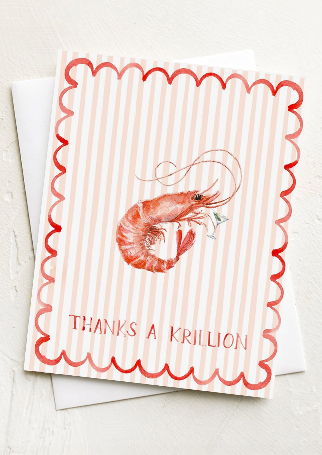 Card with a shrimp illustration and 'Thanks a Krillion' text on a striped background