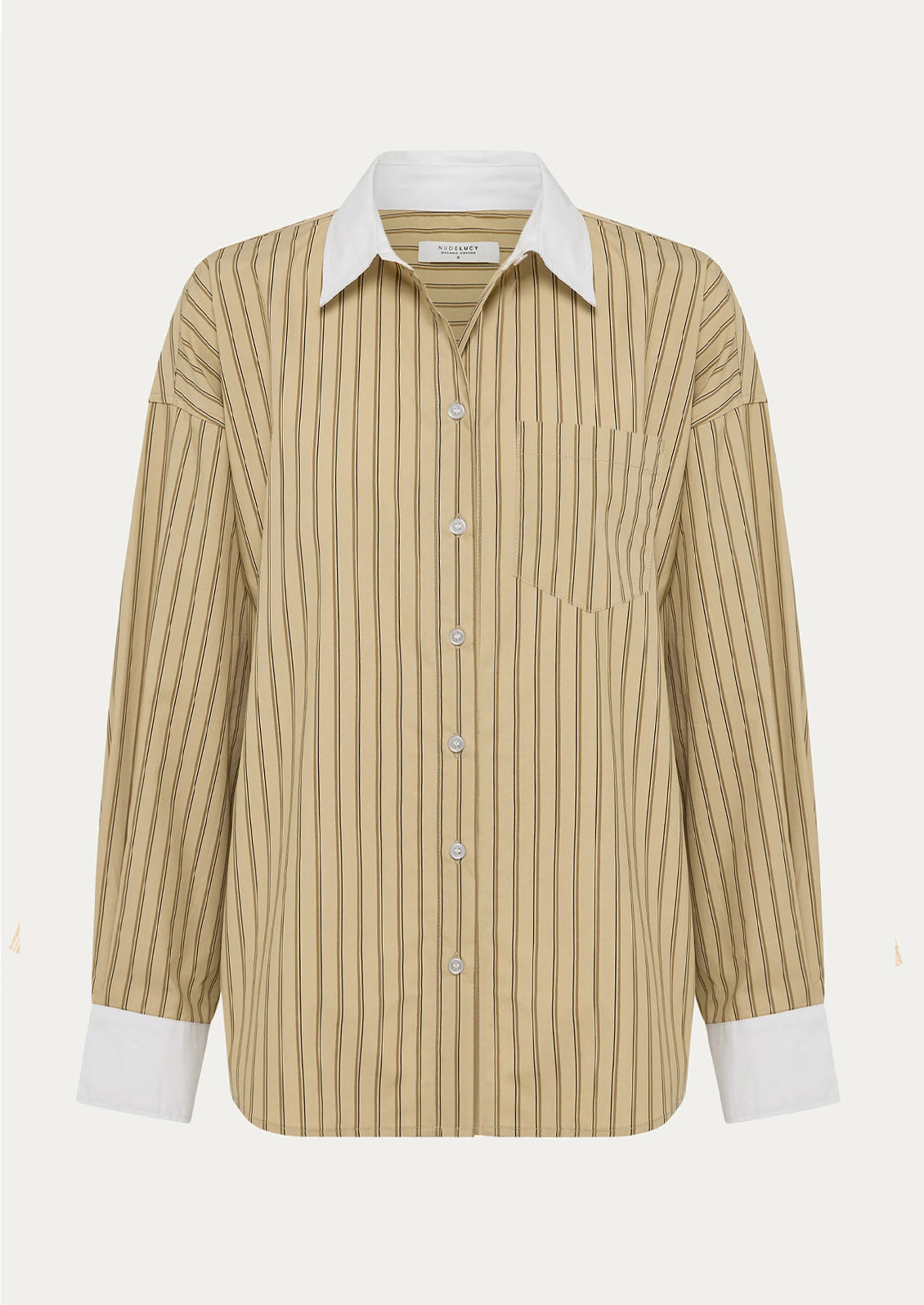 Beige striped shirt with white collar and cuffs.
