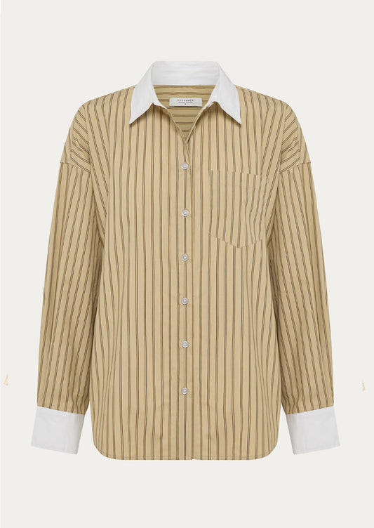 Beige striped shirt with white collar and cuffs.