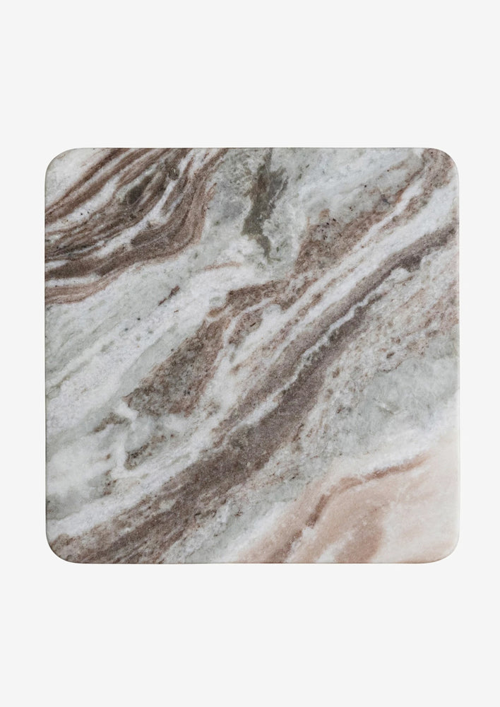 A square marble trivet in green and brown tones.