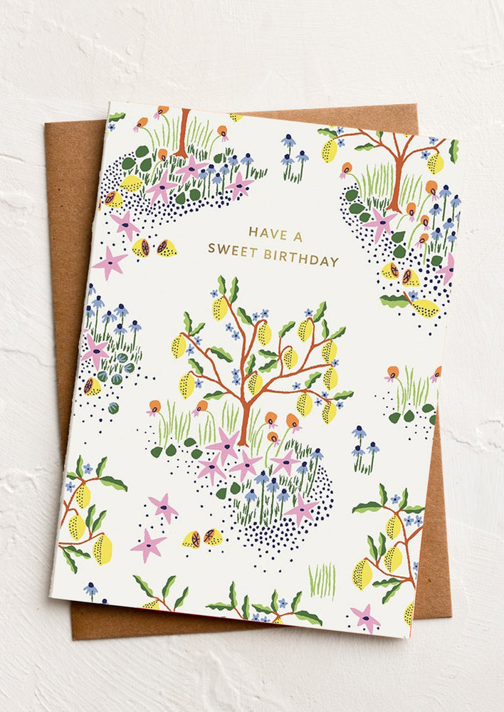 A lemon tree print birthday card.