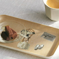 1: A rectangular tray with quirky cat print.