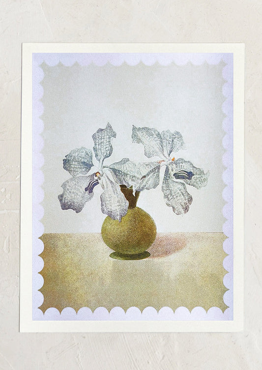 Decorative print of a vase with flowers on a textured background with scalloped lilac border.