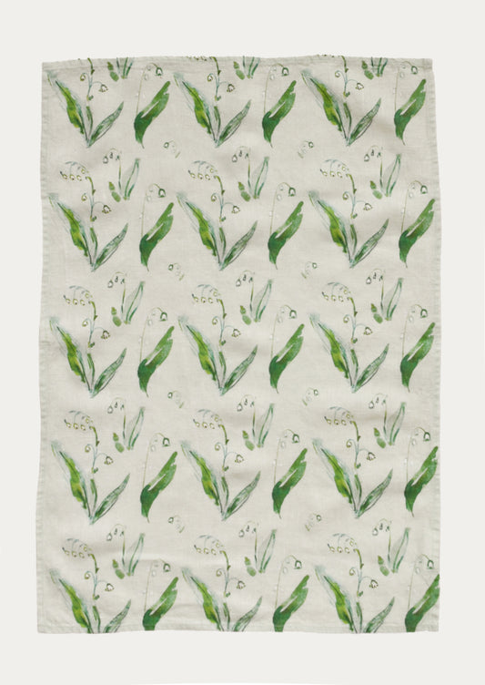 Kitchen tea towel with green lily of the valley pattern