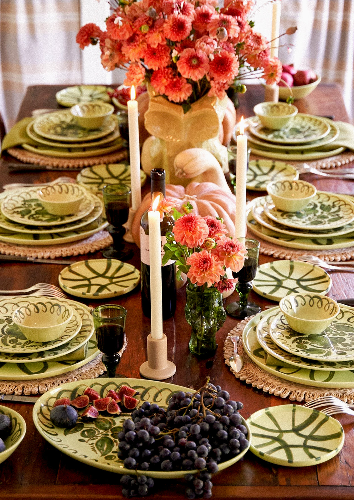A table setting with lime green ceramic plates.