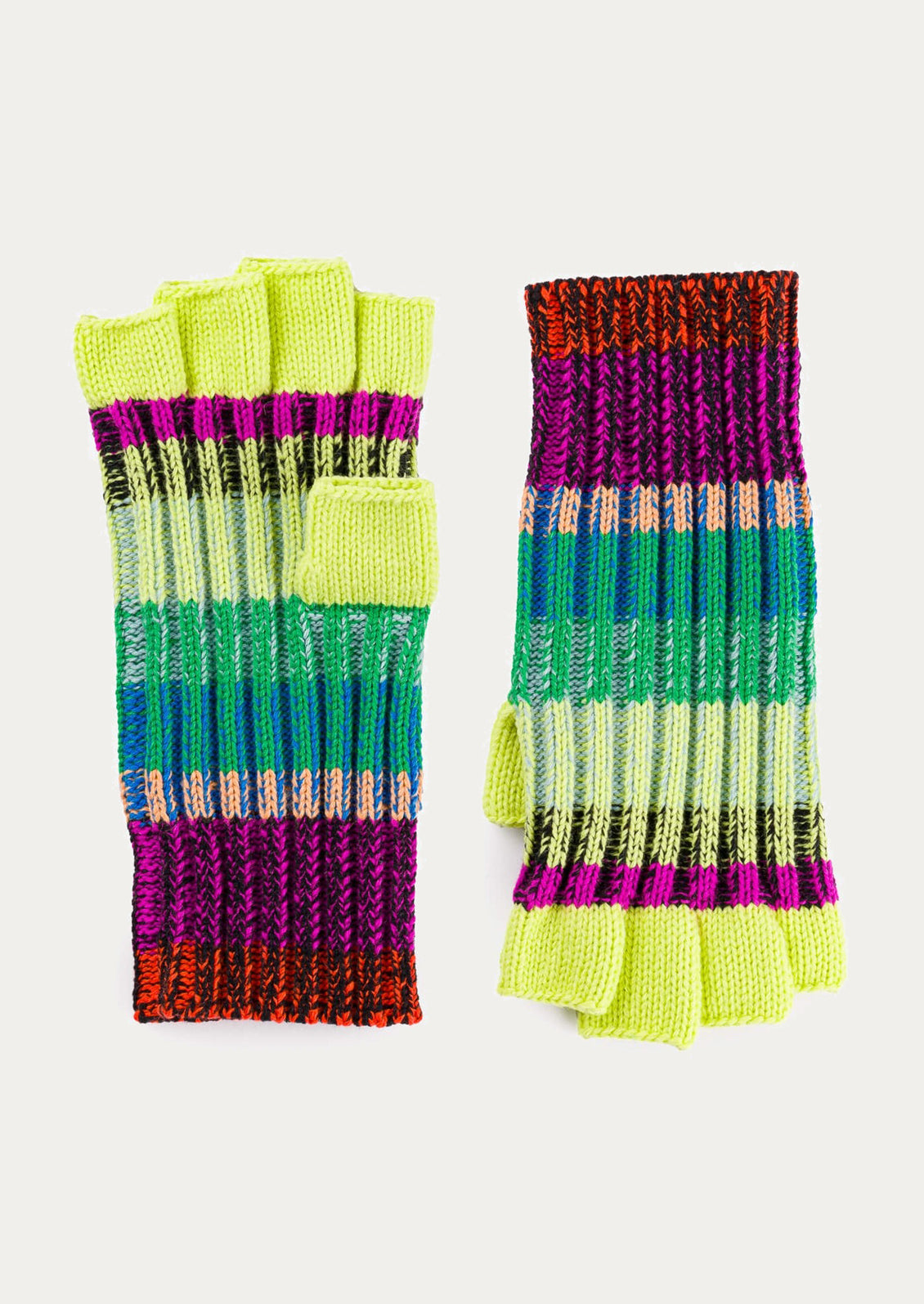 Colorful striped fingerless gloves on a white background