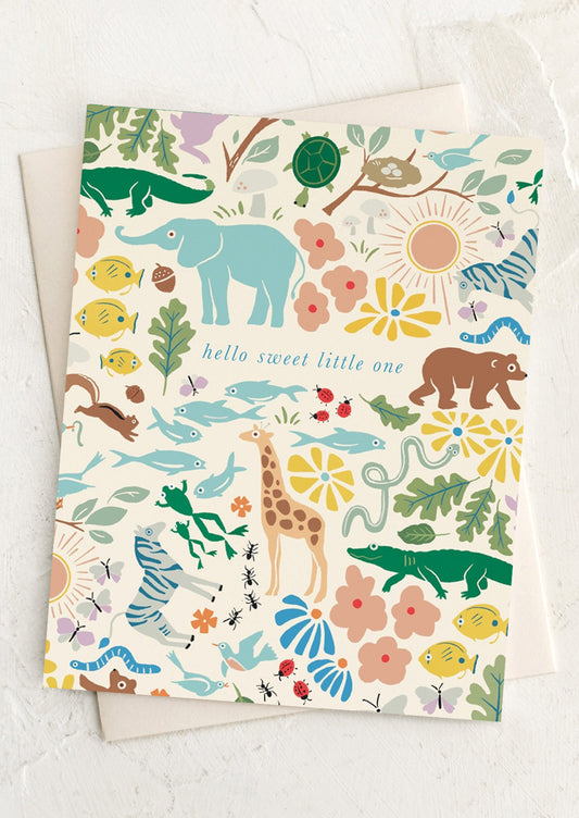 Card with colorful animal illustrations and 'hello sweet little one' text on a white background