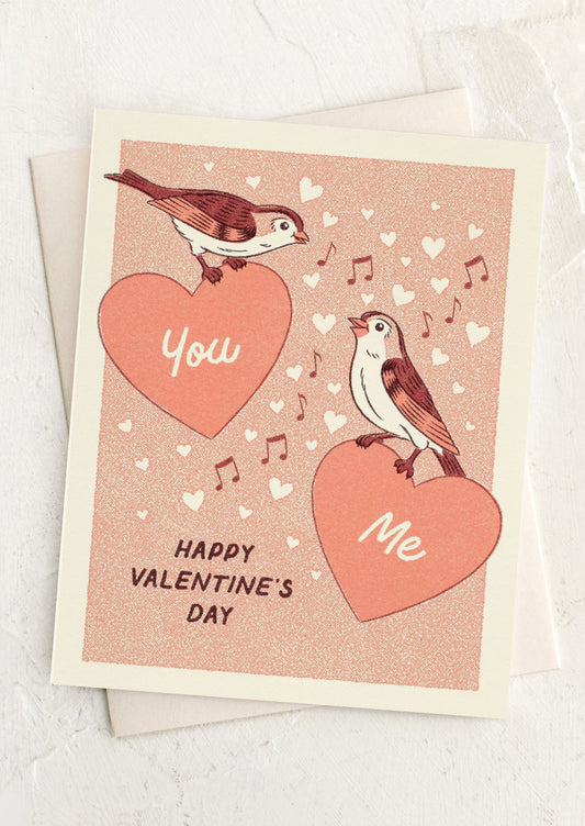 Valentine's Day card with birds on hearts and musical notes