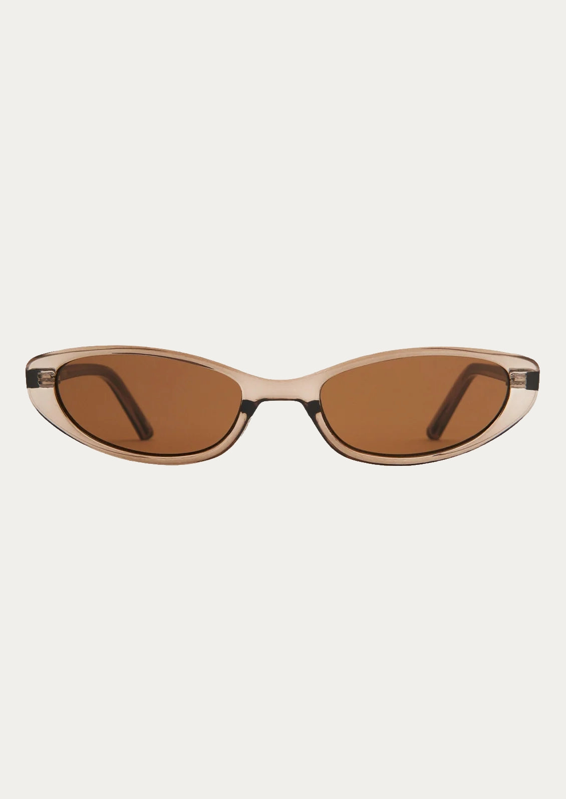A pair of cat eye sunglasses with a transparent olive frame and brown lenses.