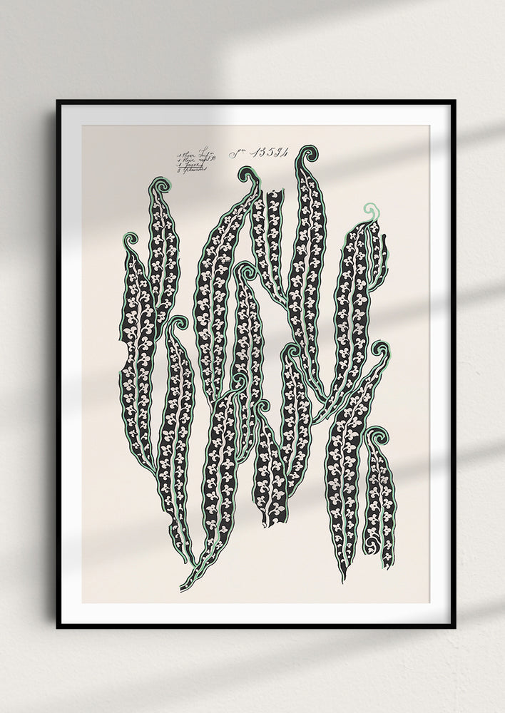An antique inspired print with graphic "beans" design.