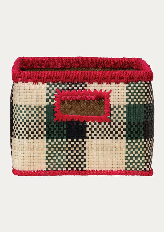 Woven storage basket with geometric pattern and red accents on a white background