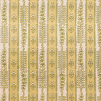 2: A block printed botanical patterned tablecloth in pastel yellow and green tones.