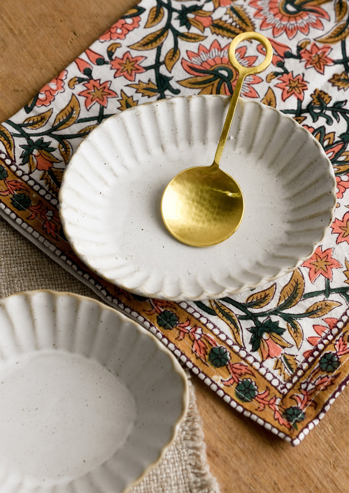 Dishes and gold spoon.