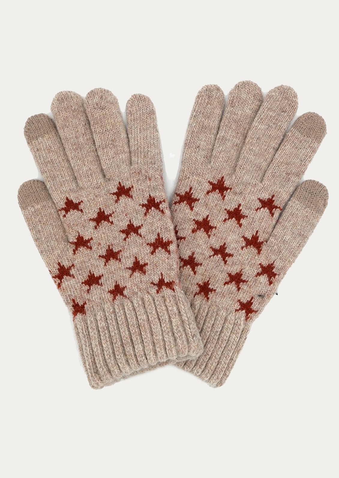 Pair of beige gloves with red star pattern on a white background