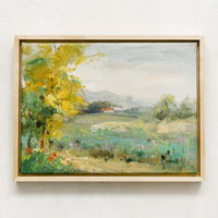 1: A framed original oil painting of colorful meadow.
