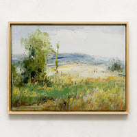 1: A framed original landscape painting of a meadow.
