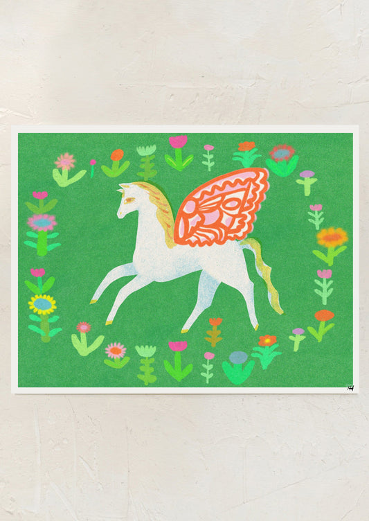 Illustration of a winged horse surrounded by flowers on a green background
