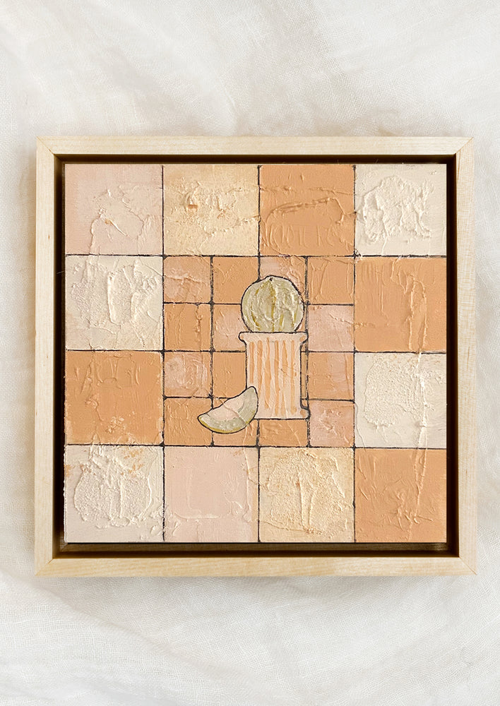 An original painting featuring tile grid and melon on pedestal, in peach palette.