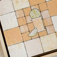2: An original painting featuring tile grid and melon on pedestal, in peach palette.