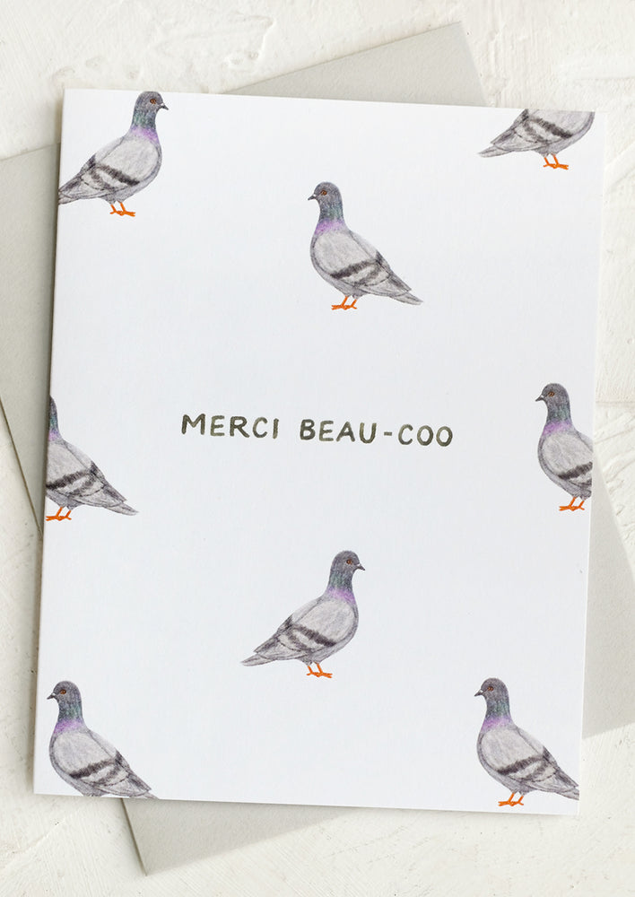 1: A pigeon print card reading "Merci Beau-coo".
