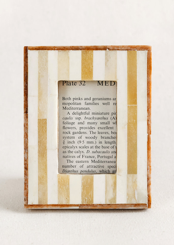 A mini sized picture frame in tan and white striped bone.