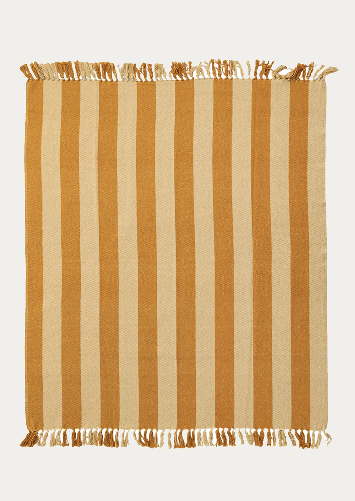 A throw blanket with vertical mustard and pale yellow stripes and fringed edges.