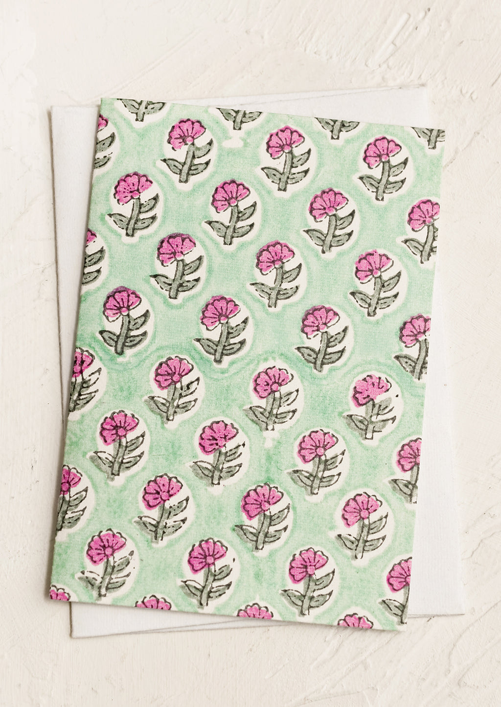 Small Mint Floral: Block Printed Blank Card