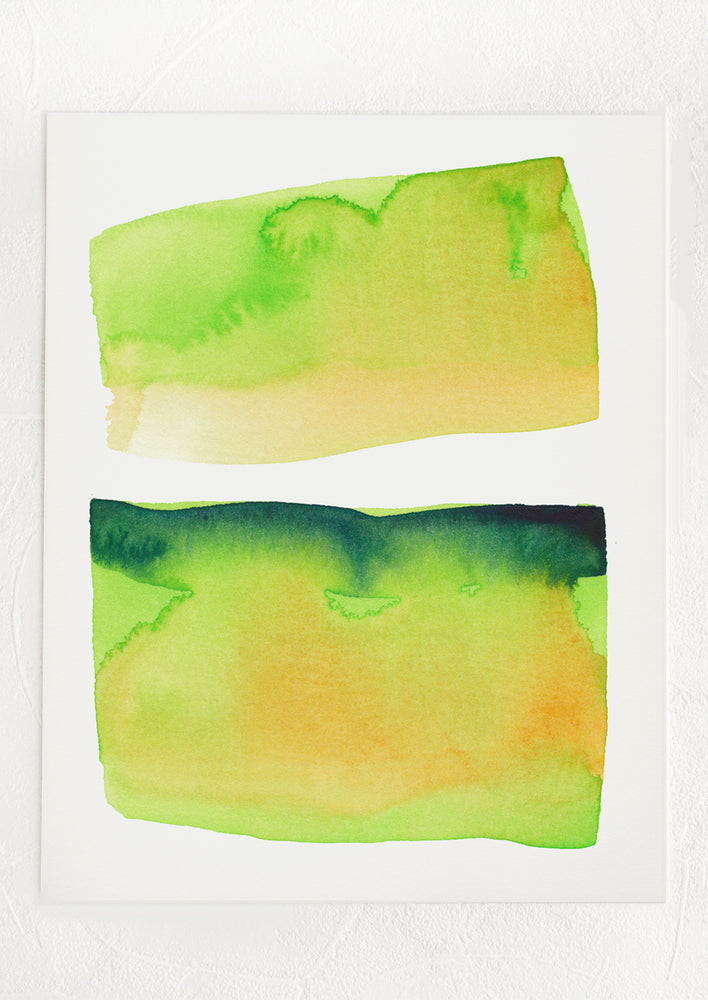 An abstract watercolor art print with two rectangular forms in neon green.