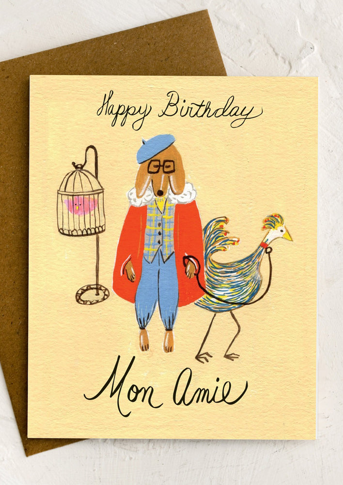 A card reading "Happy birthday mon amie".