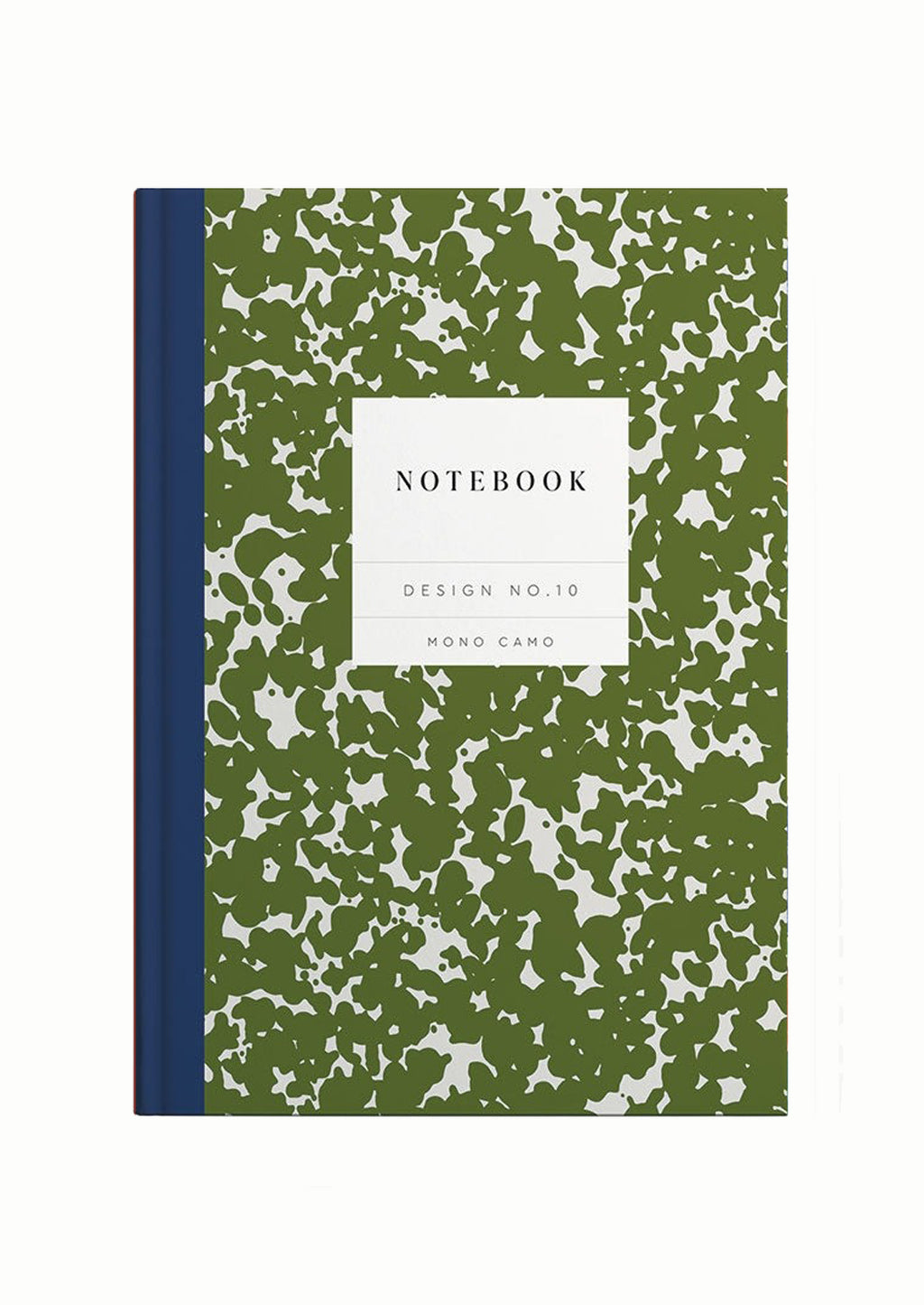 Mono Camo: A hardcover notebook with navy blue spine and olive green camo print cover.