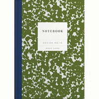 Mono Camo: A hardcover notebook with navy blue spine and olive green camo print cover.