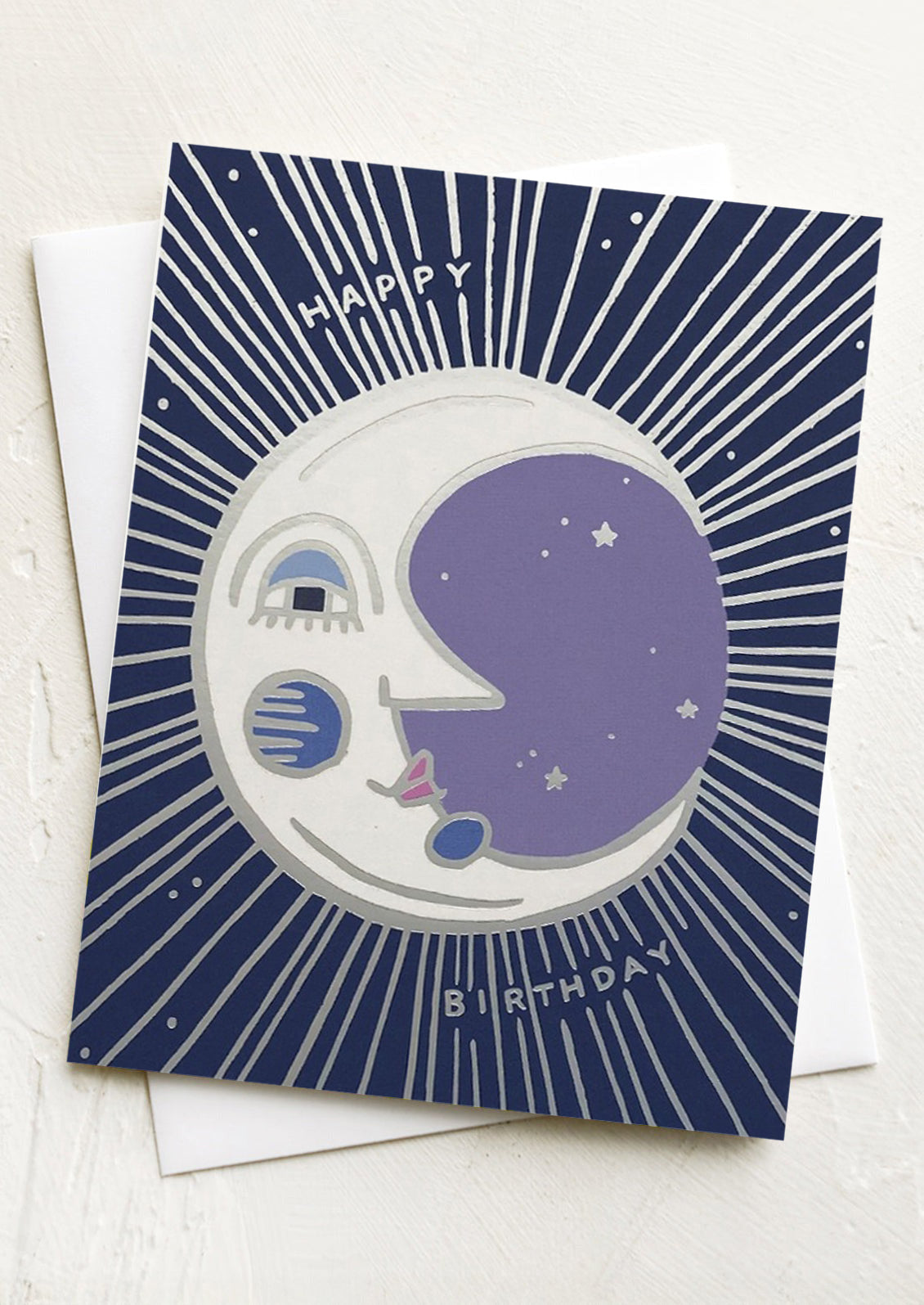 Birthday card with a moon design and 'Happy Birthday' text on a white background