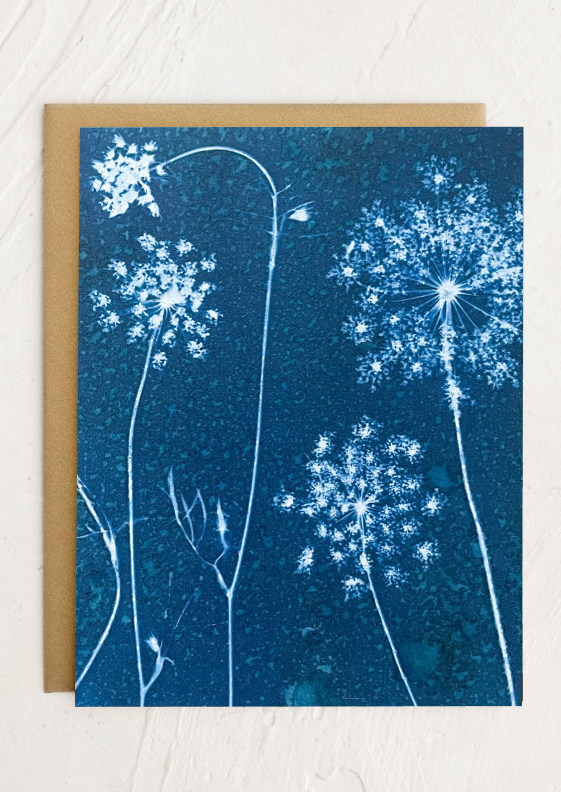A cyanotype print greeting card with white lace flower floral pattern.