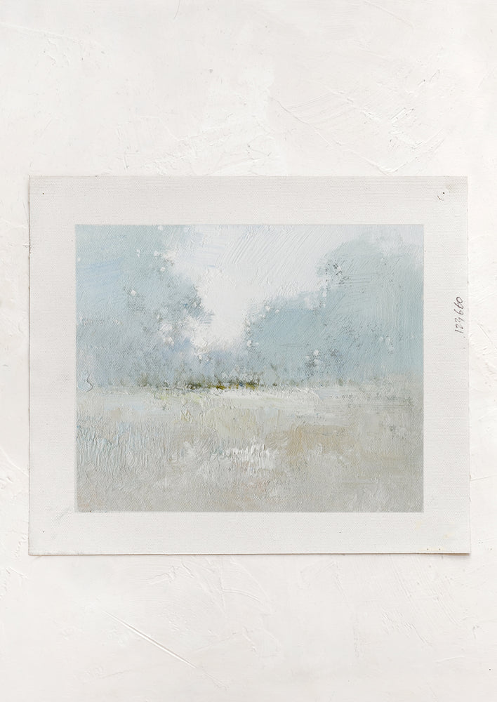 1: An original oil painting on unstretched canvas of pale colored landscape.